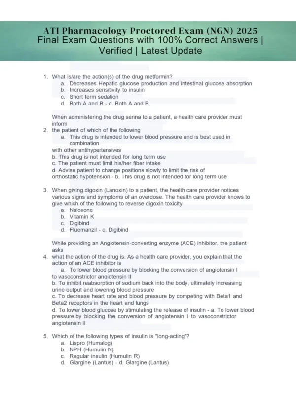 ATI Pharmacology Proctored Exam (NGN) 2025 Final Exam Questions with 100% Correct Answers | Verified | Latest Update